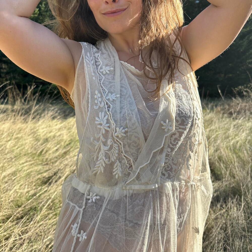 Women’s M Dress Ivory Lace Sheer Vintage 1900s Boho Bridal Wedding Rare